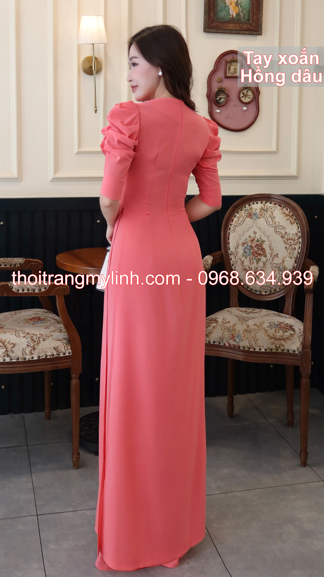 Bộ áo dài cổ nữ hoàng tay xoắn hồng dâu
